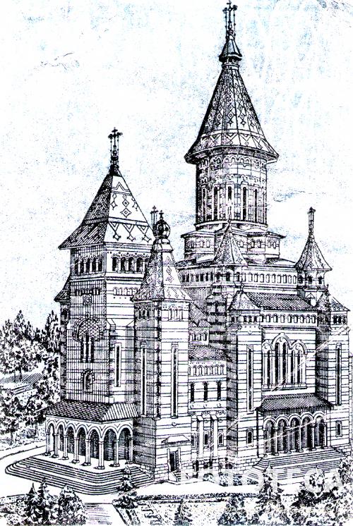 Carte poştală privind catedrala ortodoxă română din Timişoara 