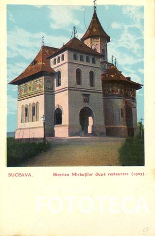 Carte poştală color reprezentând biserica „Sf. Gheorghe-Mirăuţi” din Suceava, vechea mitropolie, după restaurare
