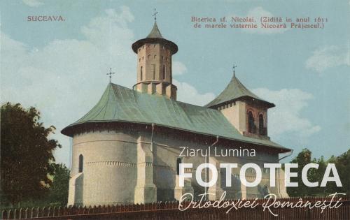 Carte poştală color reprezentând biserica Sf. Nicolae ridicată de vistiernicul Nicoară Prăjescu