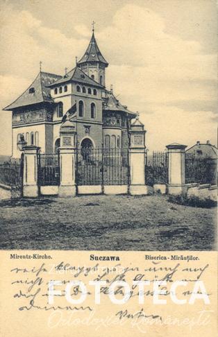 Carte poştală reprezentând biserica „Sf. Gheorghe-Mirăuţi” din Suceava, vechea mitropolie, după restaurare