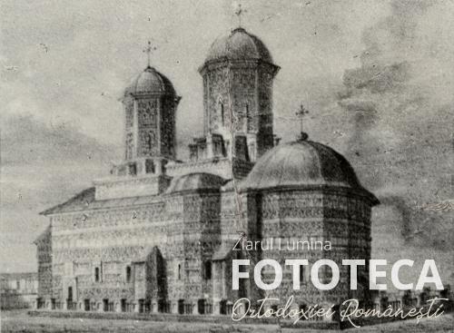 Reproducere de pe o lucrare reprezentând biserica mănăstirii „Sf. Trei Ierarhi” înaintea restaurării