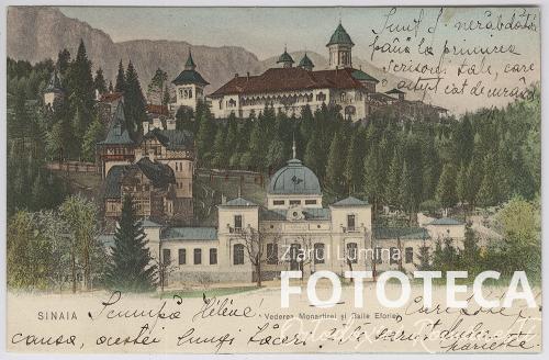 Carte poştală color reprezentând mănăstirea Sinaia şi băile Eforiei Spitalelor Civile, jud. Prahova