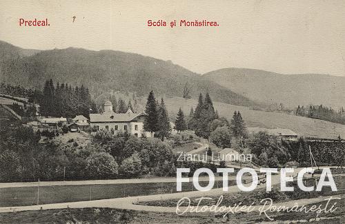 Carte poştală reprezentând şcoala şi mănăstirea Predeal, jud. Prahova