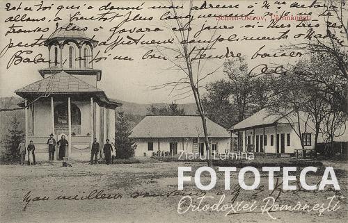 Carte poştală reprezentând biserica schitului Ostrov, jud. Vîlcea