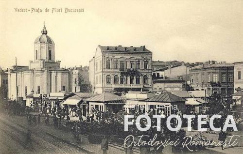 Carte poştală reprezentând biserica Curtea veche-Sf. Anton şi Piaţa de flori din Bucureşti